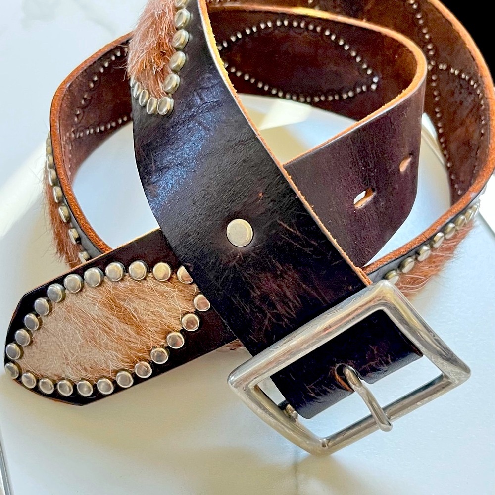 Vintage Hollywood Trading Co. Studded Leather Belt with Cowhide Accents 34”